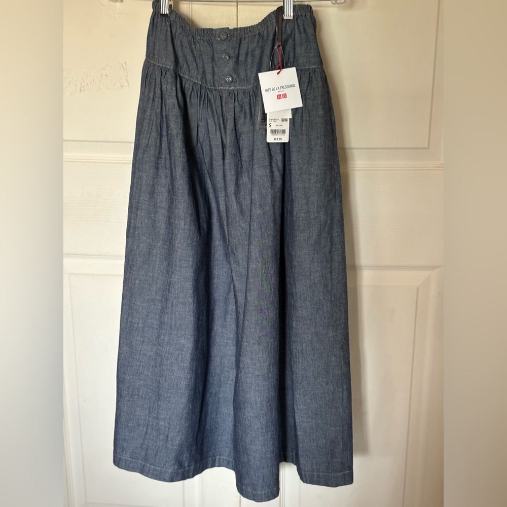 NWT Uniqlo Ines de la Fressange Women Dungaree Cotton Gather Skirt blue size S